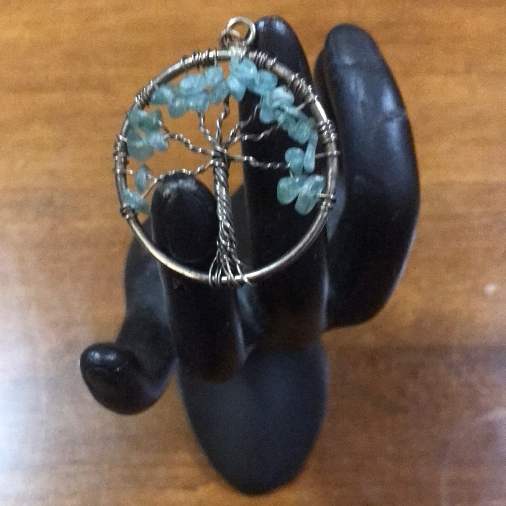 Vintage Handcrafted Silver Tree of Life Pendant with Aquamarine Gemstones EUC
